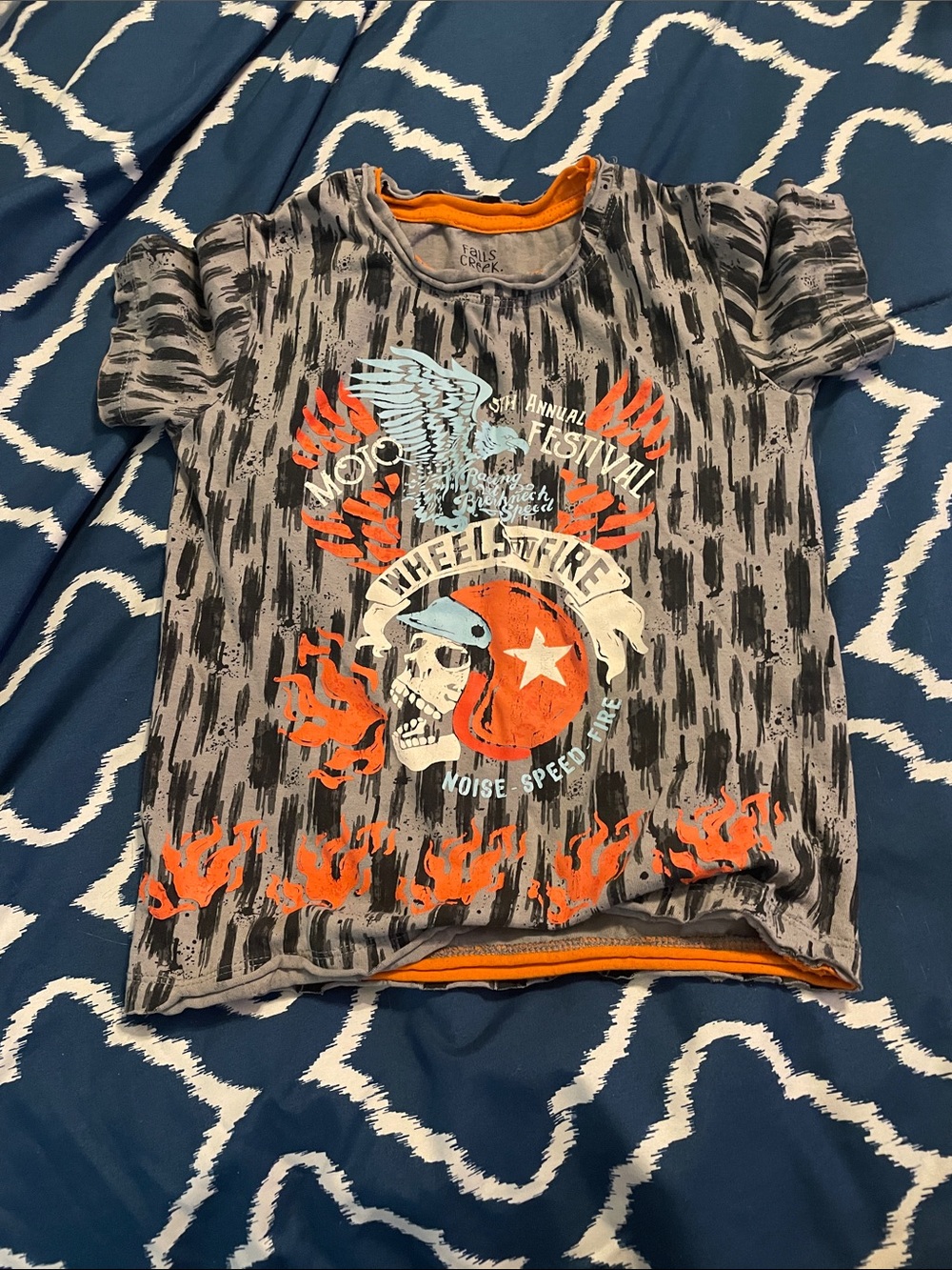 Kids Grey Graphic Tee with Orange Accents - Casual Short Sleeve Shirt
